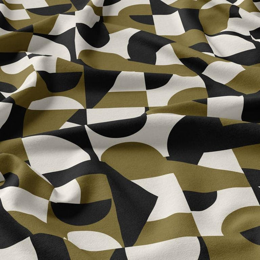 100% viscose fabric - khaki, black-and-white pattern 125 g/m²