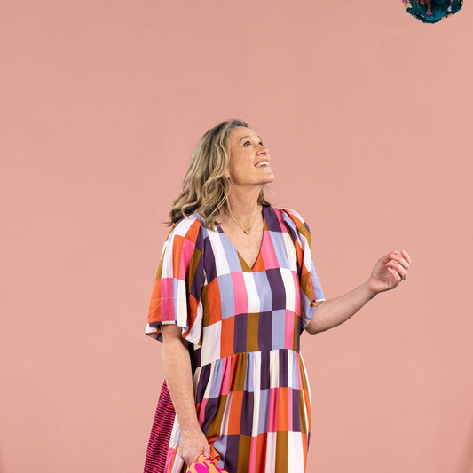 100% Viscose Fabric LENZING™ ECOVERO™-colored rectangles (warm tones) 110 g/m²