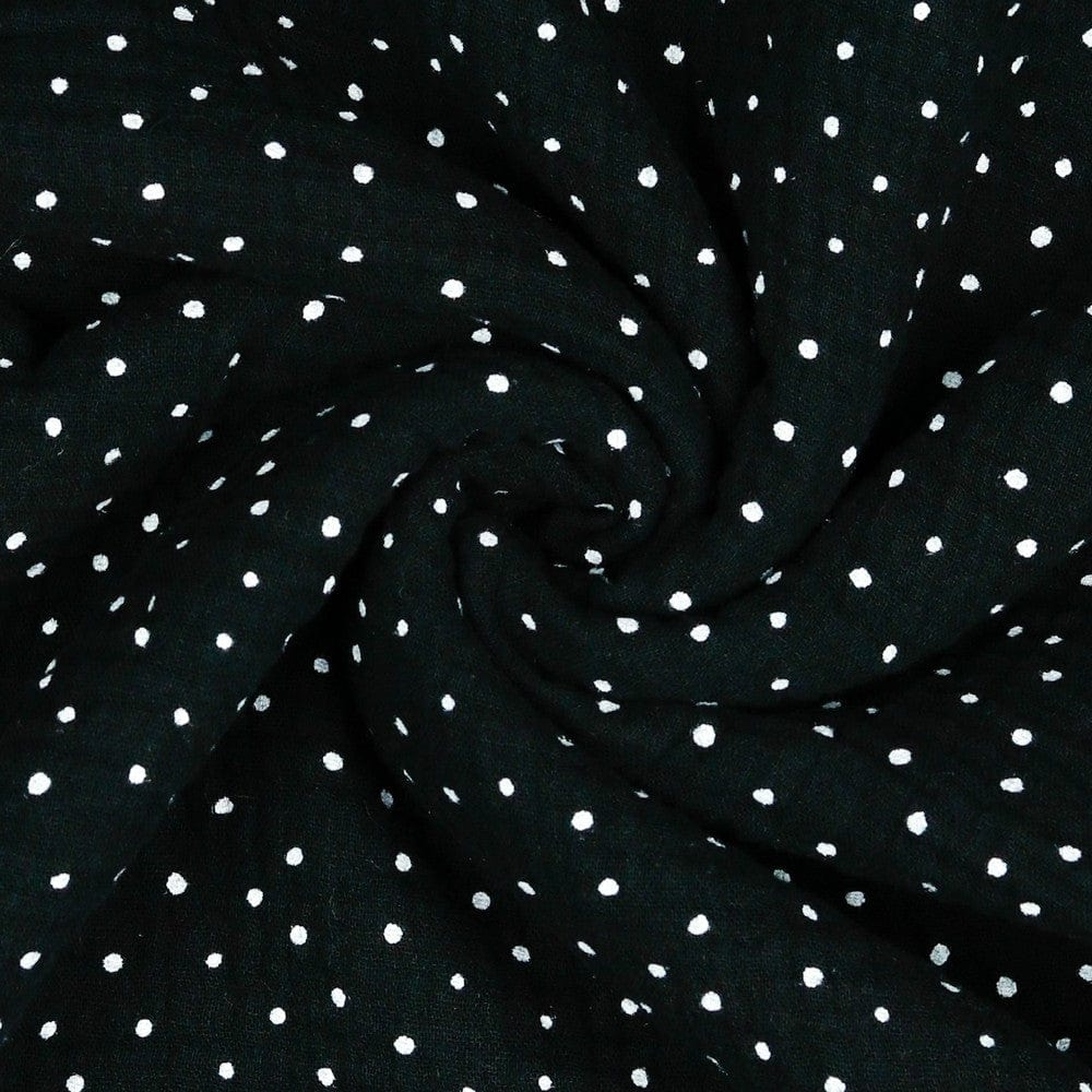 Muslin polka dots on a black background 125 g/m²