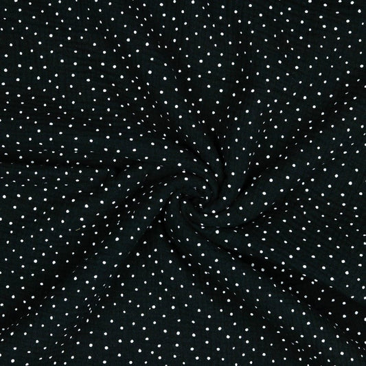 Muslin polka dots on a black background 125 g/m²