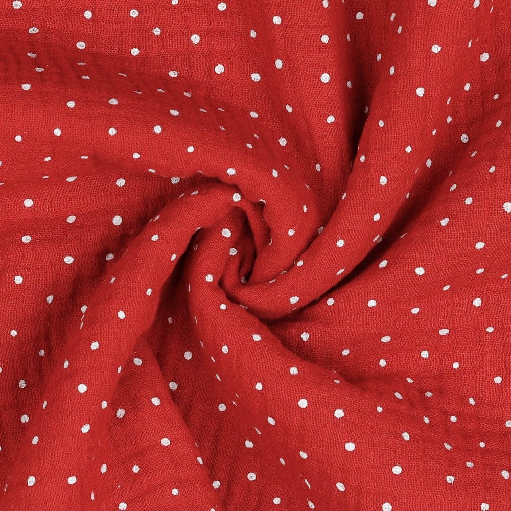 Muslin polka dots on a red background 125 g/m²