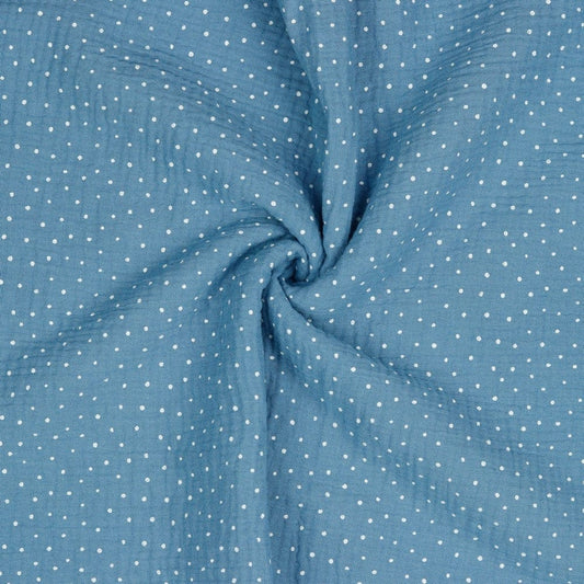 Polka dot muslin on a blue background 125 g/m²