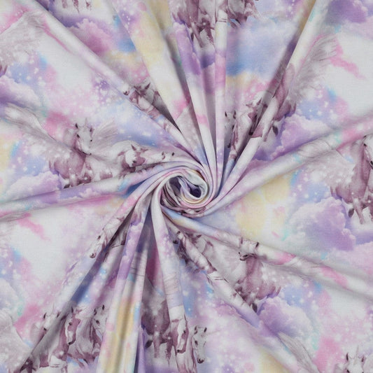 Thin cotton knit - unicorns in clouds 200 g/m²